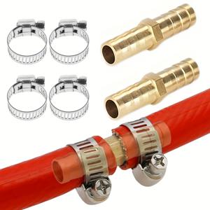 TEMU 2세트, 황동 호스 바브 피팅 메탈 스플라이서 머더와 4개 304 스테인리스 클램프, 정원 물 파이프 커넥터 파고다 더블 패스 공기/물/연료/오일용, 직선형, 양방향