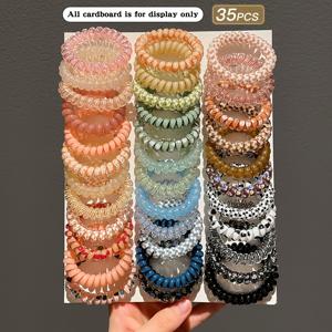 TEMU 35개입 우아한 컬러FUL 곱창 밴드 | 높은 탄성 전화기 코일 곱창 밴드, 폴리레진 소재, 미니멀 스타일