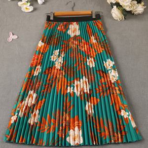 TEMU 우아한 플리츠 A라인 스커트 - 핑크/베이지/화이트/그린 플로럴 프린트, 블랙 헴, 봄 여름 가을용 숏 미디 길이, 주름 방지 세탁 가능 (신축성 없음) 파티 웨딩 의상