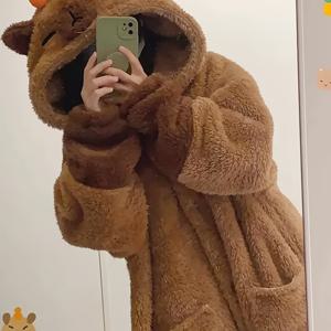 TEMU 1pc Sunygal 여성 귀여운 만화 곰 두건 로브 - 폴리에스테르 산호 양털 긴팔 잠옷 주머니, 단색 성인 잠옷 가을/겨울