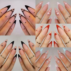 TEMU [120pcs 알몬드 모양 프레스 온 네일 세트] 120pcs 알몬드 모양 프레스 온 네일 세트, 혼합 색상 프랑스 매니큐어, 하트 및 축제 액센트, 중간 길이, 매트 핏, 여성 및 소녀를 위한 풀 커버 네일 팁