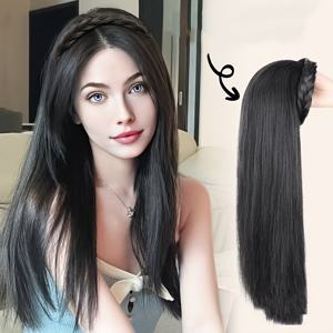 TEMU 시크한 피쉬본 브레이드 헤어밴드 가발 여성용 - 착용하기 쉬운, 긴 직선 합성 머리, 150% 밀도, 파티 준비 완료, 조절 가능한 캡, 행사용 가발|매끄러운 직선 머리|합성 머리 가발, 가발 액세서리