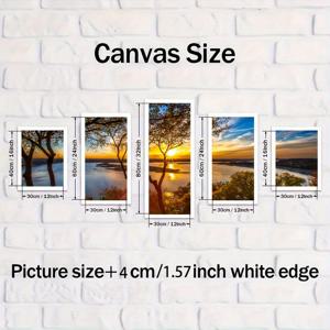 TEMU 5패널 일출 풍경 캔버스 벽 예술 – 나무, 강, 산이 있는 생동감 넘치는 자연 장면, 액자 없는 거실 또는 침실용 홈 데코, 야외 장식