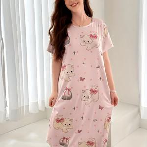 TEMU 여성용 귀여운 만화 고양이 프린트 티셔츠 드레스 - 부드러운 반팔 크루 넥 나이트가운, 캥거루 포켓, 편리한 관리 폴리에스테르, 캐주얼한 휴식에 이상적, 고양이 팬 선물|반팔블라우스