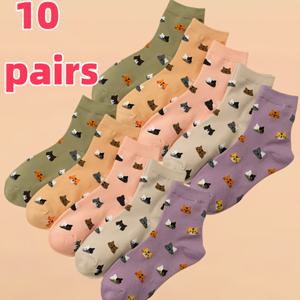 TEMU 10쌍/5쌍 여성용 귀여운 캐릭터 고양이 얼굴 중목 양말 - 부드럽고 통기성 좋은 파스텔 컬러, 다양한 고양이 패턴, 세탁 가능, 캐주얼 & 오피스웨어, 일상 편안함, 유행하는 패션, 쾌적한 소재
