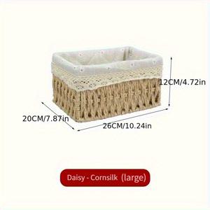TEMU 손으로 짠 수납 바구니, 탈착 가능한 레이스 안감이 있는 데스크탑 라탄 수납 바구니, 화장품 보관에 적합, 데스크탑 서랍 수납, 선물 바구니, 실내 장식, 선반 바구니, 스타일 라탄 수납 바구니 세트 - 수제 화장품 및 잡다한 보관 상자, 빈티지 컨트리 스타일, 패브릭 안감, 홈 정리용, 홈 정리용 수납 상자, 선반 바구니