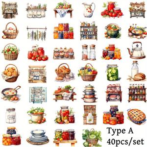 TEMU 40개 세트 수제 창의적인 레트로 시골 주방 요리 도구 야채 잼 빵 시리즈 스티커, 쓰레기 일기장 노트북 스크랩북 장식용 수동 계정 DIY 컷팅 북 스티커