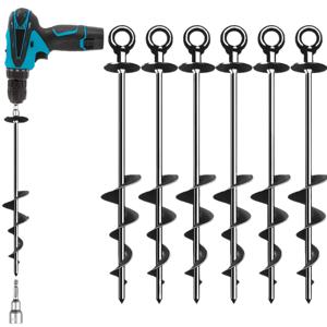 TEMU 캠핑, 정원, 야외 장비 및 안전한 고정용 블랙 메탈 텐트 스테이크가 포함된 6팩 18인치 헤비듀티 나선형 지상 앵커와 인체공학적 드릴 비트