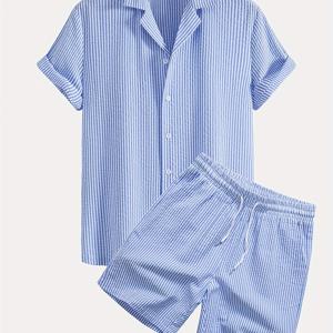 TEMU 남성 패션 버블 통기성 대조 버튼 사선 포켓 드로스트링 슈트 칼라 오픈 프론트 디자인, 데일리 캐주얼 비즈니스에 다용도, 땀 없는 여름 히트 투피스 세트