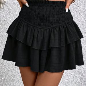 TEMU 여성용 하이웨이스트 플리츠 러플 스코트 - 캐주얼 여름 솔리드 블랙 반바지, 신축성 있는 허리띠, 가벼운 폴리에스테르로 캐주얼한 의상, 여름 캐주얼 의상 | 하이웨이스트 스코트 | 스타일리시한 와이드 레그, 하이웨이스트 스커트 반바지