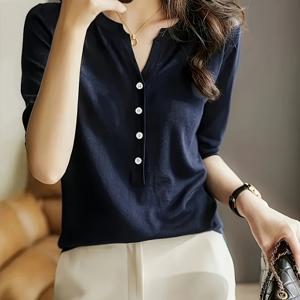 TEMU 해군 파란색 V넥 니트 상의는 캐주얼하고 다재다능하며 모든 계절에 적합합니다.