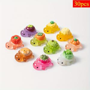TEMU 30개 야광 만화 거북이 참 장식품 - 귀여운 레진 DIY 주얼리 만들기 액세서리, 컬러풀 과일 & 채소 디자인(오렌지색, 상추, 당근, 가지), 책상 장식 및 차량 오너먼트, 파티 선물용, 재미있는 디자인, 내구성 있는 매력적인 참, 광택 마감