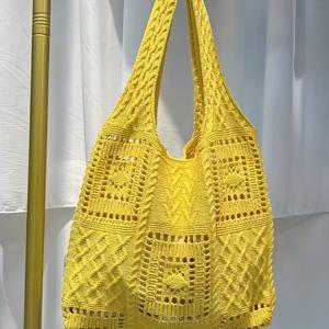 TEMU 대용량의 고품질 토트백, 숲의 스타일의 속이 빈 디자인, 한국 버전, 캐주얼하고 니트 털실 숄더 토트.