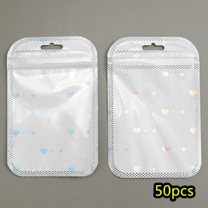 TEMU 50개 GERMEGLITY 홀로그래픽 백 - 투명 재봉 가능, 냄새 차단 마일러 플라스틱 백 (글로시 마감), 립글로스·쥬얼리·속눈썹·화장품용 - 우아한 블랙 & 화이트 하트 프린트 패키징, 소규모 비즈니스/파티/선물 포장용, 스타일리쉬 파우치, 내구성 강한 코스메틱 파우치, 파티 플래너
