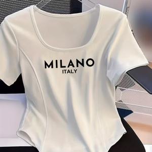 TEMU 밀라노 이탈리아 그래픽 프린트 캐주얼 슬림핏 반팔 티셔츠 - 블랙 라운드넥, 봄 여름 가을용 세탁기 가능, 비침 방지 소재, 스타일, 베이직 티, 대학룩 데일리 웨어