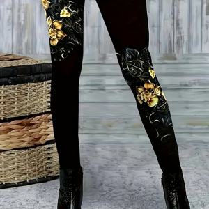 TEMU 여성용 우아한 블랙 플로럴 프린트 레깅스 - 신축성, 기계 세척 가능, 황금 플로럴 디자인으로 편안한 올 시즌 티츠, 캐주얼 또는 스타일리시한 옷에 완벽한 스타일리시 티츠 | 플로럴 프린트 레깅스 | 편안한 핏