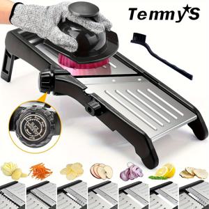 TEMU TEMMYS 조절 가능한 만돌린 슬라이서 & 와플 프렌치 프라이 플레이트 - 스테인리스 스틸 수동 야채 슬라이서 (감자, 오이, 토마토, 양파용) - 청소 브러쉬 포함