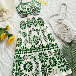 TEMU 여성용 우아한 민소매 트로피컬 플라워 프린트 스파게티 서스펜더 드레스 - 가벼운 여름 비치 파티 드레스, 생기 넘치는 그린 & 화이트 패턴, 세탁기 사용 가능, 캐주얼 아웃도어 의류