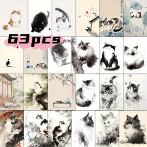TEMU 63개 중국풍 잉크 워시 고양이 스티커 세트 | 자가 접착, 변색 방지, 회계 장식, 휴대폰 케이스, 노트북 스티커, 종이 재질에 적합