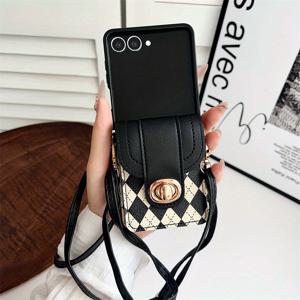 TEMU 스타일리시 패턴 멀티펑션 카드 홀더 접이식 갤럭시 Z 플립 3, 4, 5, 6, 7 폰 케이스 - 안티드롭 스트랩 & 크로스바디 스트랩 보호 커버