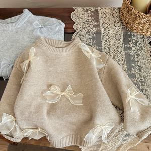 TEMU 여아용 코리안 스웨터 - 베이지/크림색 소프트 니트 풀오버, 가을/겨울 데일리 & 파티룩, 시즌 키즈 패션, 우아한 리본 디테일, 아동복 필수 아이템, 편안한 어린이 상의