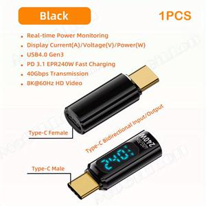 TEMU LED 디지털 스크린이 있는 USB C 커넥터, iPhone 16/15 시리즈, iPad, MacBook과 호환되는 PD 240W USB-C 수-암 어댑터, 전압, 전류 및 전력에 대한 스마트 LED 디스플레이 포함.