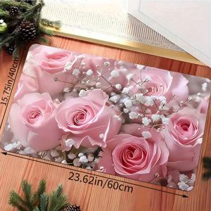 TEMU 1개 핑크 플로럴 미끄럼방지 두꺼운 플란넬 매트 - 세탁기 사용 가능 직사각형 주방 욕실 식당용 바닥매트, 어버이날 크리스마스 집들이 선물, 욕실 도어매트, 부드러운 질감 매트