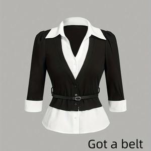 TEMU 여성용 블랙 & 화이트 대비 컬러 블록 셔츠 - 투인원 오픈 프론트 가디건 + 조절 가능한 허리 벨트 버튼업 칼라 블라우스, 퍼프 소매 & V넥, 사무실 및 캐주얼, 사계절 착용 가능, 다재다능한 패션, 우아한 디자인, 내구성 있는 구조, 스타일리시 탑, 직장복, 고품질 원단, 전문 여성용|오피스룩