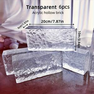 TEMU 6개 세트 아크릴 홀로우 벽장식 블록 - 얼음질감의 사생활보호판, 재사용 가능한 접착형 브릭 (투명/오렌지/파랑), 이벤트·웨딩·홈&오피스 인테리어, Art Deco 스타일, 경량패널