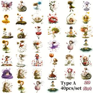 TEMU 40개/세트 핸드메이드 창의적인 레트로 판타지 동화 세계 엘프 꽃 작은 시리즈 2D 평면 스티커, 쓰레기 다이어리, 노트북, 스크랩북 장식용 고품질 DIY 컷팅 북 스티커, 수제 계정