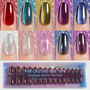 TEMU 300개 짧은 라운드 아몬드 캣아이 스티커 인조네일 - 15가지 사이즈, 10가지 컬러 패션 캣아이 디자인 여성용 인조네일 세트, 여성 및 네일 살롱 장식용, 3in1 젤 네일 스티커 세트