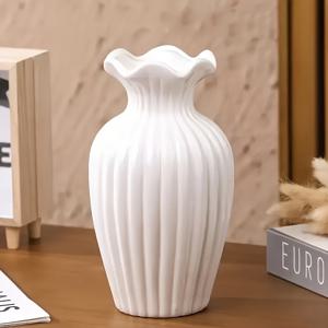 TEMU 모던 세라믹 화이트 꽃병, 물결 모양 디자인, 원통형, 건조 꽃에 적합, 홈 데코 센터피스, 모던 테이블 상판 또는 선반 장식, 스타일, 내구성 좋은 도자기, 애호가에게 완벽.|화분
