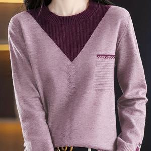 TEMU 우아한 여성용 보라색 장식 긴팔 스웨터 - 부드럽고 따뜻한 기계 세탁 가능한 풀오버, 컬러 블록 디자인과 라운드 넥으로 가을/겨울 패션, 가을 겨울 의류 | 라운드 넥 스웨터 | 기계 세탁 가능한 탑, 스웨터 드레스|가을원피스