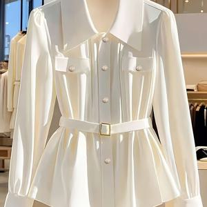 TEMU 여성용 우아한 긴팔 버튼업 셔츠 - 시크한 사무실 및 캐주얼 블라우스 벨트 허리, 단색, 사계절 다용도 탑, 직장이나 캐주얼 의상에 적합, 다용도 패션 | 벨트 허리 셔츠 | 매끄러운 질감 원단, 여성용 우아한 블라우스, 아름다운 여성용 블라우스, 여성용 셔츠, 스타일리시한 여성용 탑|오피스룩