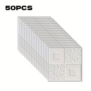 TEMU 침실 및 거실 벽면 리모델링 및 개선용 3D 자가 점착 사각 벽지 50개입. 천장에도 적합하며 방수, 얼룩 방지 기능이 있으며, 내장 접착제로 설치가 용이하며, 고급스러운 홈 인테리어를 제공합니다.