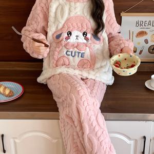 TEMU 포켓이 있는 두 조각 여성용 코랄 플리스 긴팔 바지, 두꺼운 핑크 토끼 디자인, 귀여운 동물 프린트, 크루 넥, 민소매, 긴 길이, 겨울 캐주얼 파자마 세트, 성인용 사이즈, 포근한 홈웨어|재미있는 디자인|부드러운 질감, 여성용 파자마