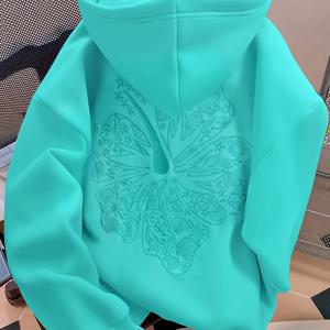 TEMU 여성용 Y2K 터키스 블루 식물 & 나비 니들포인트 후드 스웨트셔츠 - 플리스 안감으로 따뜻함, 오버사이즈 캐주얼 긴팔 풀오버 포켓 디자인, 세탁기 사용 가능한 겨울 스웨터, 가을과 겨울 레이어링에 적합, Y2K 미학 표현 작품, 정교한 자수, 편안한 핏으로 일상적인 편안함, 젊은 스타일, 다양한 레이어링 옵션