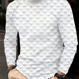 TEMU 남성용 두꺼운 단색 하이넥 긴팔 스웨터 - 슬림핏, 골지 질감, 기하학적 패턴, 가을에 완벽, 캐주얼 스타일, 편안한 착용감, 니트, |기하학적 패턴 스웨터|골지 질감, 남성용 스웨터, 남성 스웨터