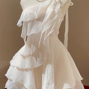 TEMU 여성용 우아한 오프숄더 러플 헴 드레스 - 시크한 파티 웨딩 게스트 드레스, 올 시즌 포멀 & 캐주얼 의상, ZLLZ 여성 패션, 여성 드레스, 웨딩 게스트 복장, 세련된 스타일, 플로이리한 원단, 이브닝 웨어, 스타일리시한 여성, 여름원피스, 가을원피스, 홀복, 원피스|쉬폰원피스