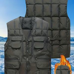 TEMU 남성용 다중 포켓 디자인 조끼 코트, 민소매 겨울용 보온 & 지퍼 도어 클로저 - 손세탁 가능 - 캠핑, 사냥, 캐주얼 추운 날씨용 충전 아우터웨어 (벨트 불필요)