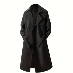 TEMU 남성용 헤비듀티 방풍 더블브레스트 무릎 길이 코트 - 베이지/브라운 칼라 벨티드 재킷, 가슴 포켓, 봄/가을 아웃도어 캐주얼 & 포멀 트렌치 코트 (손세탁 가능, 신축성 없음) 비 오는 날용