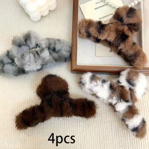 TEMU 4개 세트 신상 가을/겨울 플러시 프린트 대형 헤어클립, 두꺼운 머리용, 트렌디한 업스타일 헤어스타일을 위한 고급스러운 스타일