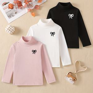 TEMU 3개 세트 여아용 하이넥 긴팔 티셔츠 - 부드러운 스트레치 니트 캐주얼 편안한 핏 키즈 상의, 여아 캐주얼 의류, 봄 가을 겨울 의류, 선물용