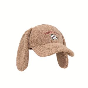 TEMU 일본 귀여운 강아지 자수 긴 귀 인조 양털 오리 부리 모자 남녀 공용 가을/겨울용 두꺼운 따뜻한 다용도 야구 모자, 포근한 헤드웨어, 장난기 넘치는 디자인, 부드러운 원단, 남녀공용 모자, 패션 애호가