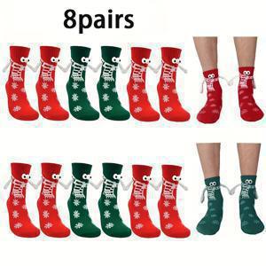 TEMU 8쌍 (빨간색/초록색 매칭 4쌍) 산타, 눈사람, 요정 손 디자인 크리스마스 커플 양말 - 자석 친구 팔찌 - 3D 자석 페어링 파티 의상 - 손세탁 전용 선물|커플룩