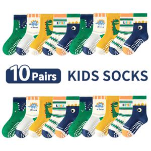 TEMU 레터 스트라이프와 접착점이 있는 바닥 양말 10켤레, 남아 여아, 아기, 유아, 유아용 만화 큰 눈 공룡 패턴, 부드러운 밑창, 실내 미끄럼 방지 미드 튜브 양말, 캐주얼 데일리 라이프에 적합, 공룡 양말