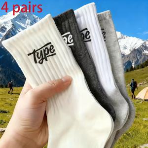 TEMU 남성용 두꺼운 미드-카프 운동 양말 4켤레 - 튼튼한 겨울용 보온, 통기성 및 탄성, 흰색 바탕에 검은색 글자, 남녀공용, 하이킹, 헬스장, 내구성 있는 원단 구조, 세련된 디자인, 야외 활동, 캐주얼 웨어 - 이상적인 선물