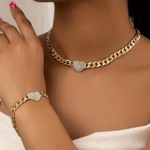 TEMU 2pcs 목걸이 플러스 팔찌 패션 주얼리 세트 14k 골드 도금 트렌디 체인 + 헤라트 디자인은 그녀를위한 라인 석 선물로 가득 차 있습니다.