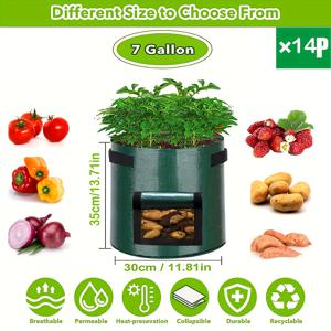 TEMU 14개입 고강도 정원 감자 재배 가방 (플랩 & 손잡이 포함) - 3/7/10 갤런 공기 주입 원단 화분, 녹색, 저압 식물 훈련용, 과일, 양파, 토마토, 채소, 꽃, 실내외 사용, 식물 훈련 가방 | 공기 주입 원단