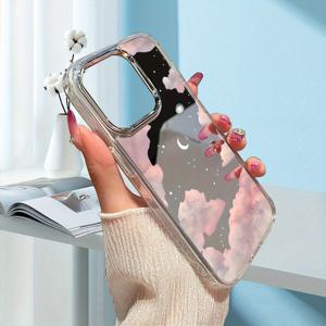 TEMU 아이폰 11/12/13/14/15 시리즈, 프로 및 프로 맥스 모델과 호환되는 TPU 핑크 야간 하늘 거울 반사 케이스 - 충격 방지 방지 커버